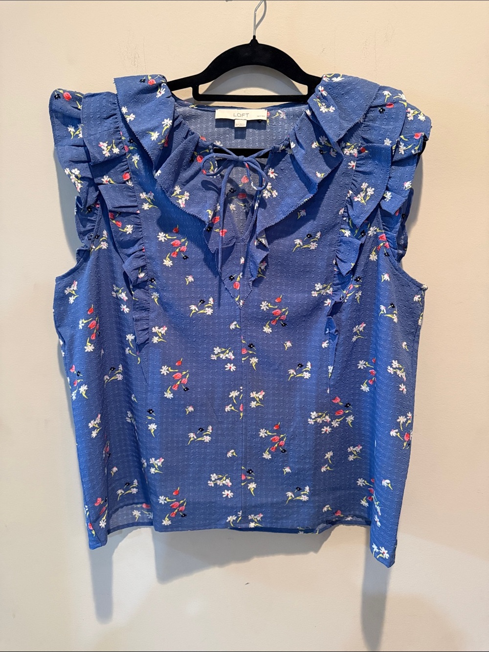 LOFT Blue Floral Ruffle Tie-Neck Sleeveless Blouse (worn once!)